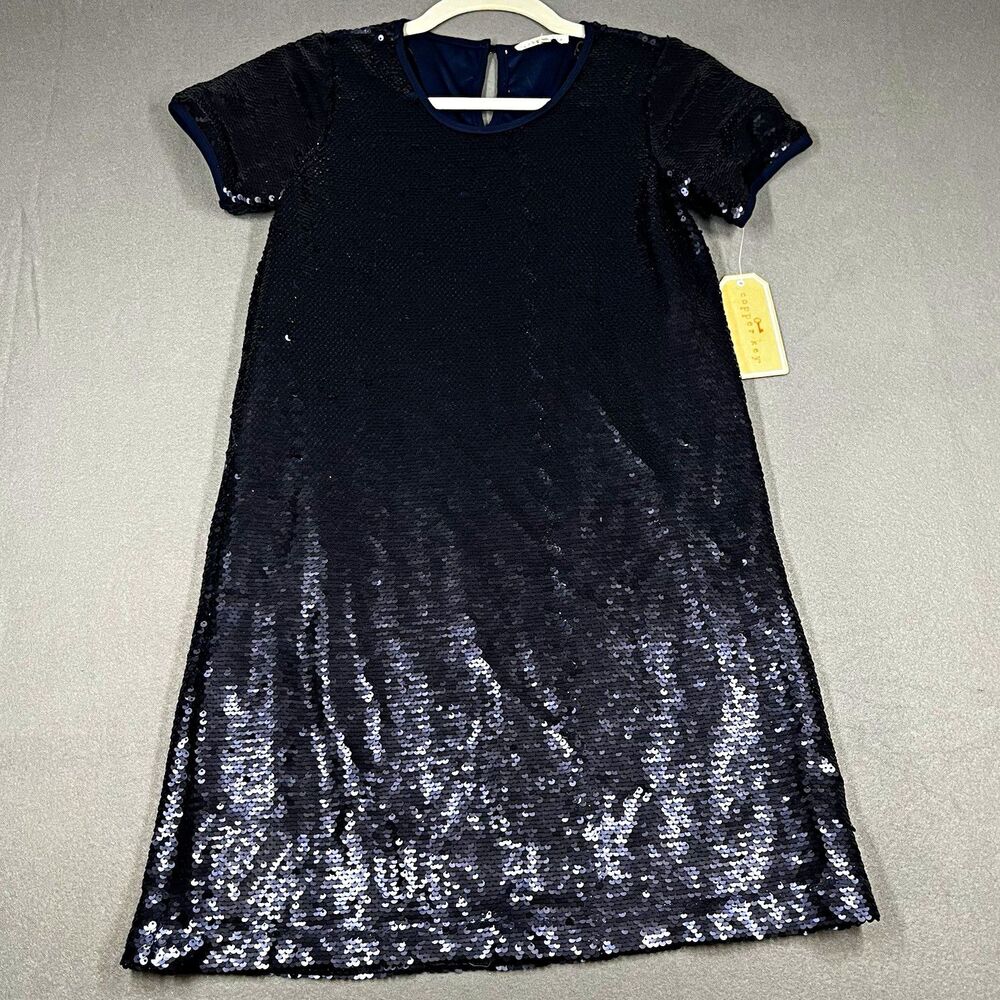Copper Key Women’s XS Black Sequin Round Neck Shift Knee Dress Zip Party